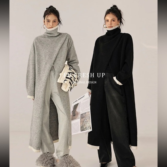 Gigi style High quality wool blend long slit turtleneck sweater